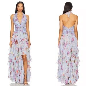 PATBO Lily Flower Flutter Ruffle Floral Ruched Tiered Blue Maxi Dress Size 2